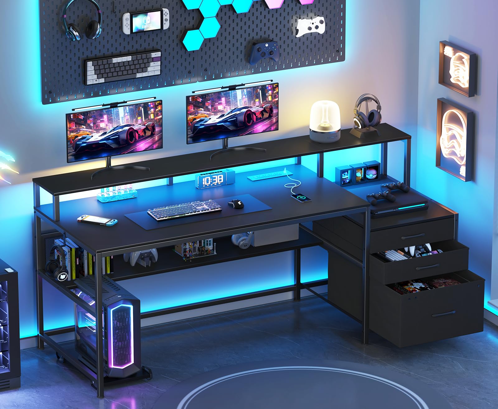 YOMILUVE 66" Computer Desk with LED Lights & Power Outlets, Home Office Desk with 3 Drawers & Storage Shelf, Gaming Desk with Monitor Stand, Black
