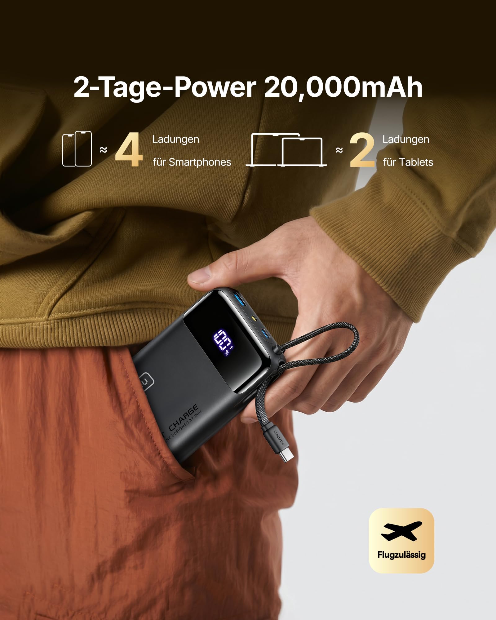 INIU 45W Power Bank, Ultra Klein 20000mAh Powerbank mit Integriertem USB C Kabel, Schnellladen Externe Handyakkus, Flugzeug Geeignet, Reise-Essential für iPhone 17 16 15, Samsung S22, Xiaomi, iPad etc 4