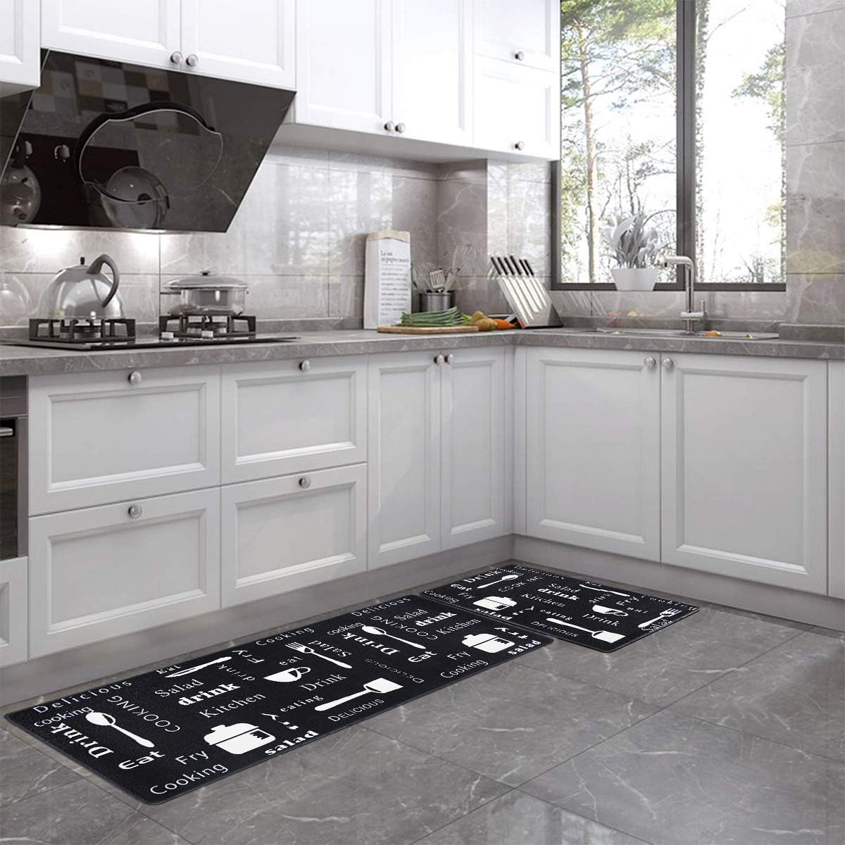 HEBE Anti Fatigue Kitchen Rug Set 2 Pieces Cushioned Kitchen Floor Mats Set Comfort Heavy Duty Standing Mats Waterproof Non Slip Kitchen Rugs and Runner Sets,Black Kitchen: Kitchen & Dining