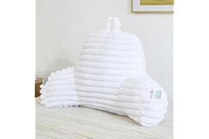 Memfydu Faux Fur Fluffy White Reading Pillow with Pockets, Luxury Striped Plush Decorative, Arm Rests and Back Support for Bed Rest, Lounging on Sofa, Extra Large Size for Adult.