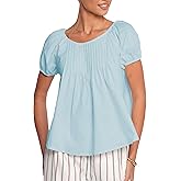 Zontroldy Women's Summer Cotton Blouses Tops Pleated Short Sleeve Crewneck Casual Babydoll Shirts(1517-Blue-S)
