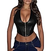 Benfoly Women's Y2K Leather Halter Top Backless Corset Bustier Top Lace Up Sexy Going Out Crop Tank Halter Neck Party Club