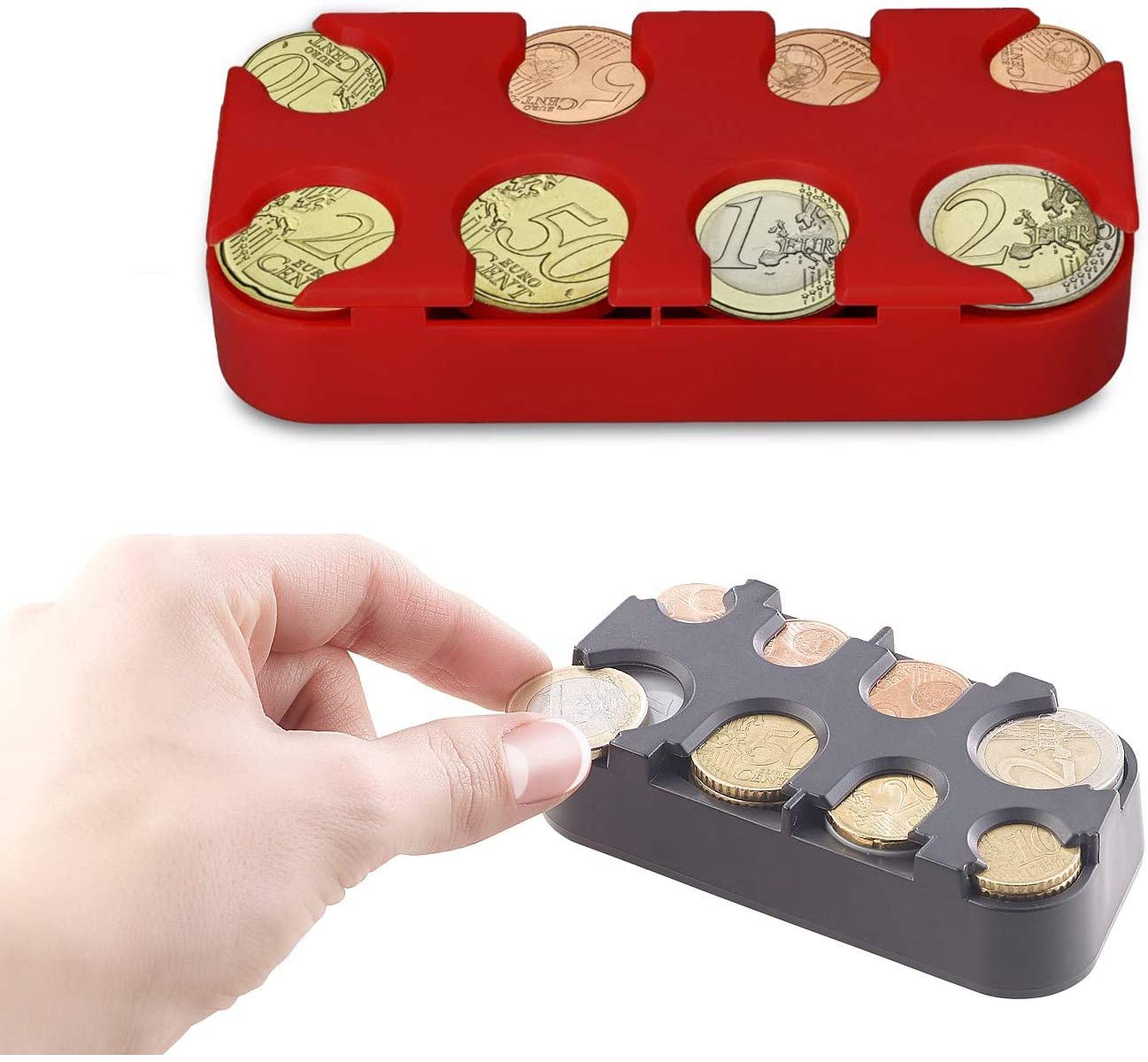 YFOX Euro coin mini storage box,8 compartments from 1 cent to 2 euros,fast and strong Euro coin collector Coin distribution sorter (2 sets) black + red