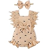 PaPaai Sara Baby Girl Clothes Newborn Girl Outfit Ruffle Sleeve Romper Bodysuit Headband 0-18 Month 2PCS Summer
