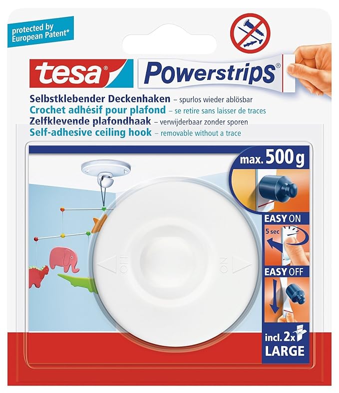 tesa Deckenhaken mit Powerstrips, selbstklebend, wieder ablösbar, bis 0,5kg (2 Haken)