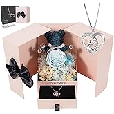 JoyFlower Preserved Flowers with Necklace Gifts for Mom, Unique Pearl Rose Eternal Flower Bear with Necklace Gift for Grandma, Preserved Real Blue Roses Birthday for Mother Grandma