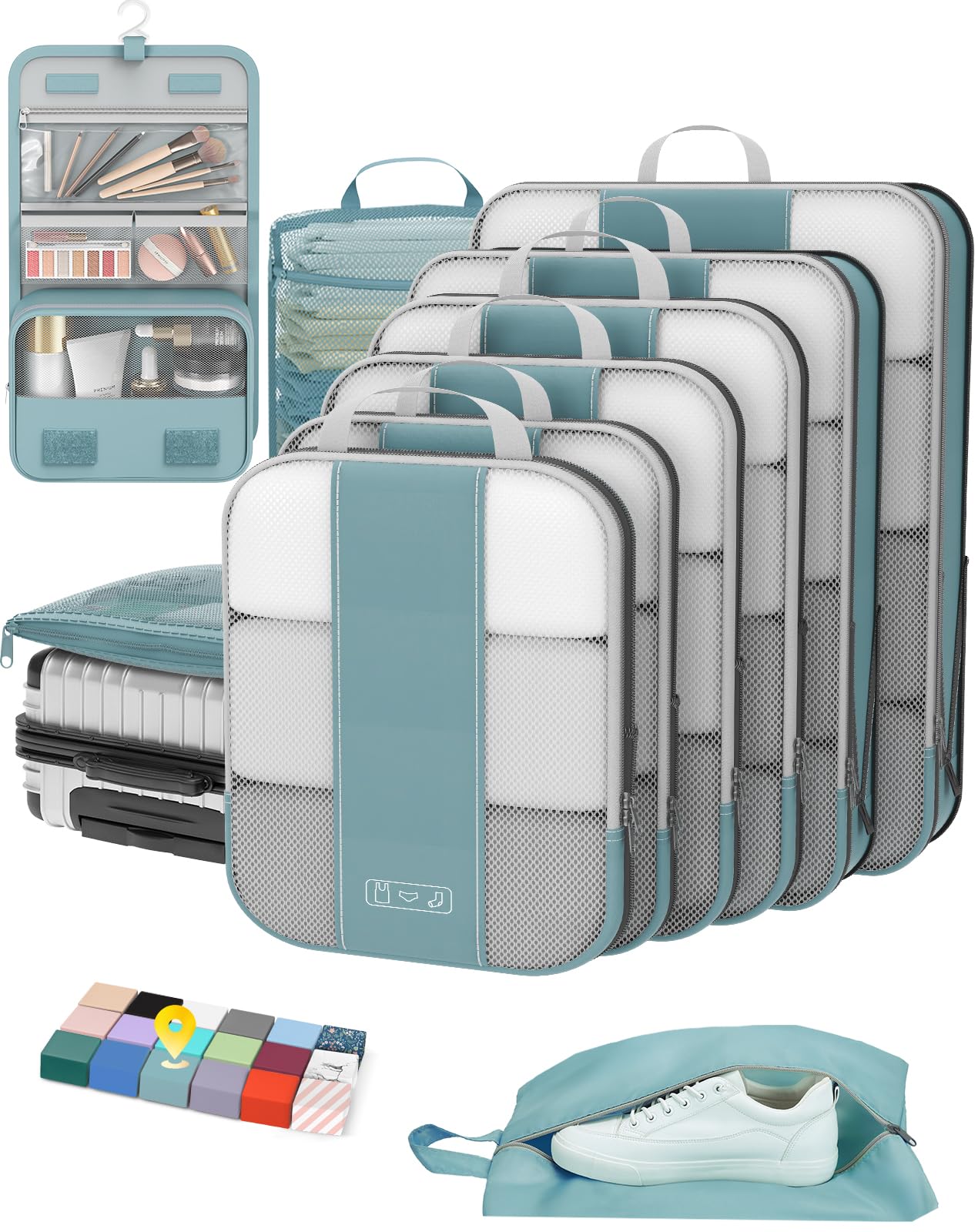 Photo 1 of 10 Set Compression Packing Cubes for Travel Essentials,Compressible Expandable Packing Cubes for Suitcase,OlarHike Luggage Organizer Bags for Travel,Handy Helper for Organizing Clothes(Blue Gray)
