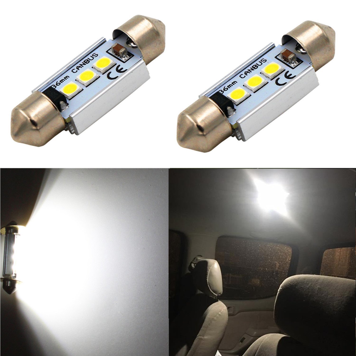 Alla Lighting 500 Lumens Super Bright 6411 6413 6418 C5W LED Bulb 36mm (1.50") High Power 3030 SMD 6000K White Interior Festoon Map Dome License Plate Tag Lights Lamps Replacement