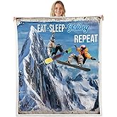 Skiing Throw Blanket Winter Ski Extreme Sports Blankets for Kids Boys Girls Adult Room Decor 3D Snow Mountain Scenery Fleece Blanket Vintage Blue White Sherpa Blanket,for Chair/Sofa,50"x60"