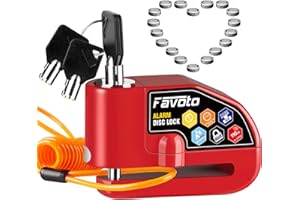 Favoto Alarm Disc Lock, 3 Keys and 18 Batteries (5-Year Availability), 110 dB Waterproof Anti-Theft Security Brake Padlock, 7mm Lock Pin with Reminder Cable, Fit for Motorcycle E-Bike Bicycle Scooter