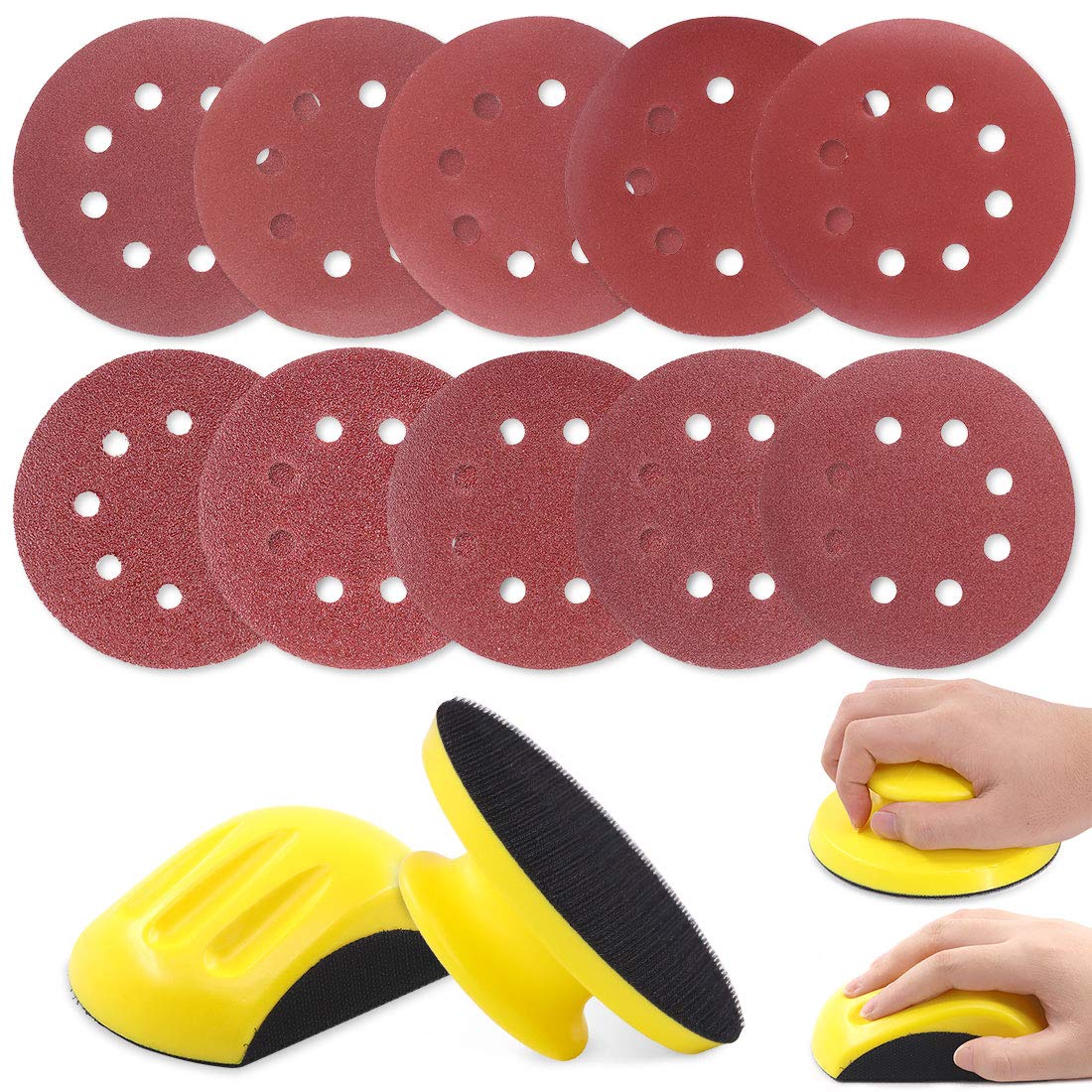 Glarks 62Pcs 5 Inch Hand Sanding Blocks Round and Mouse Hand Sanding pad with 60Pcs 8 Hole Hook and Loop Sanding Disc Set for Woodworking, Furniture Restoration, Home and Automotive Body
