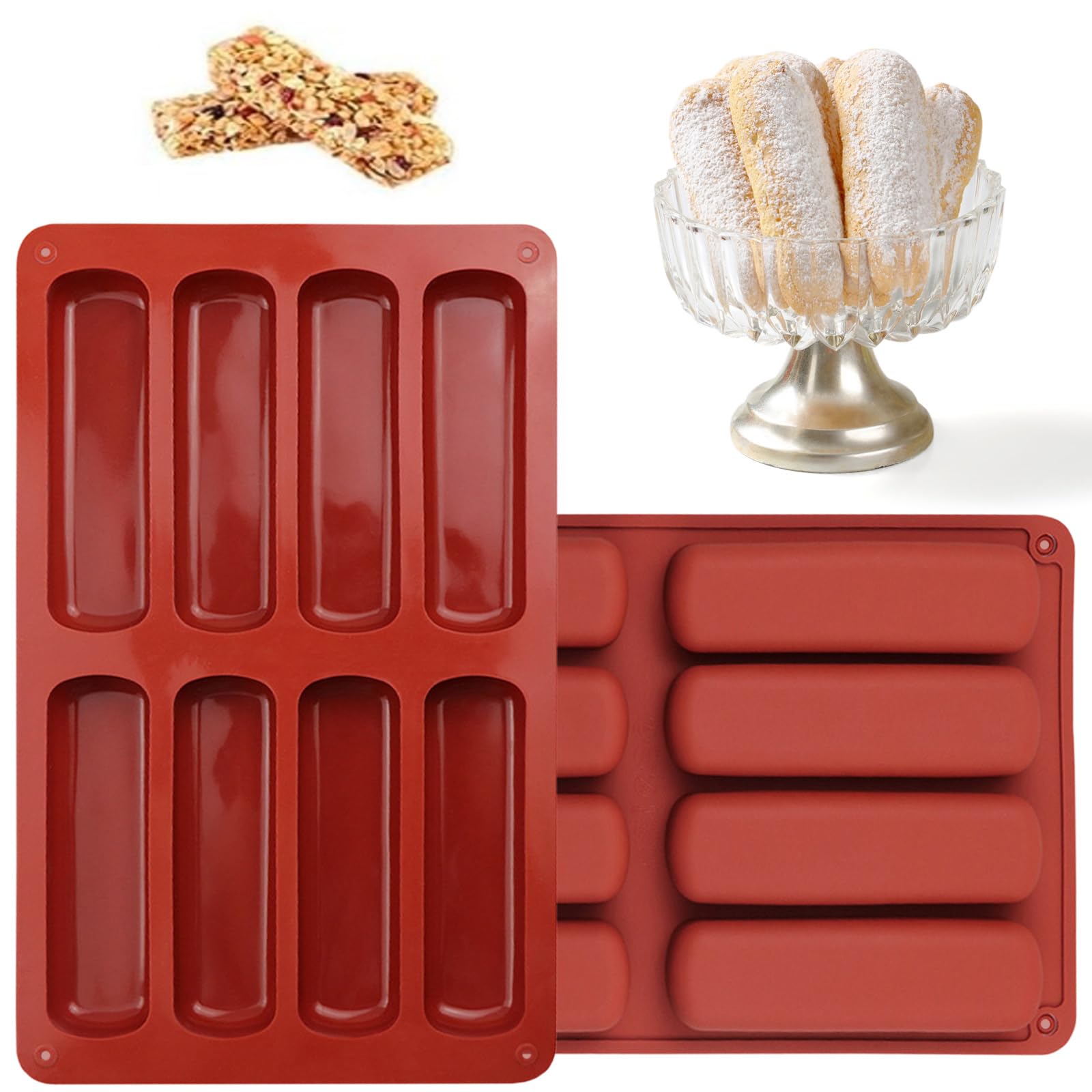 2 PCS Rectangle Silicone Granola Bar Moulds 8 Cavity Non Stick High-Temperature Resistant Baking Mold Energy Bar Maker for Chocolate Bread Biscuit Brownie Pudding Soap (Red)