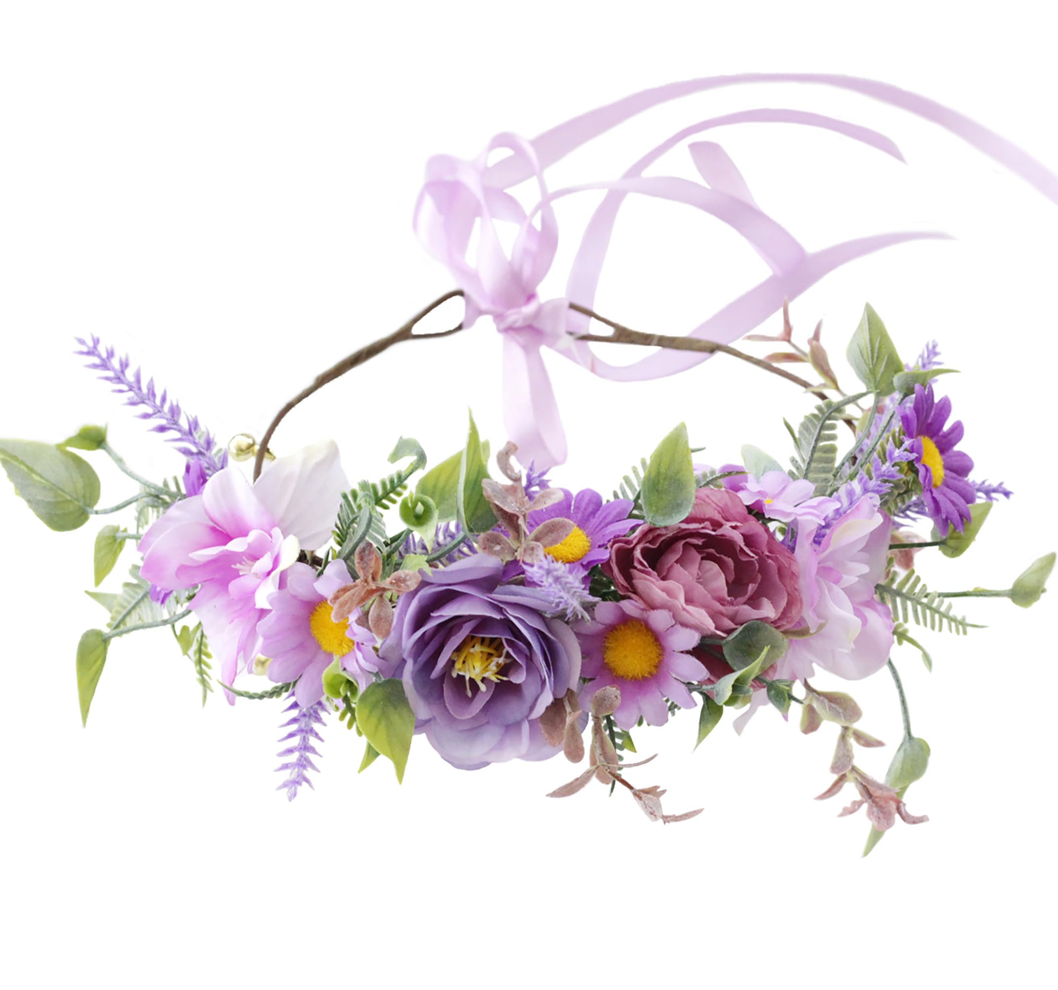 Brikuinr Floral Halo Crown Wreath Flower Garland Headband Hair Wreath Floral Headpiece Boho Wedding Party Festival with Ribbon