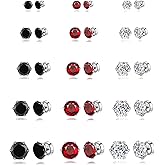 Ofeiyaa 15 Pairs Magnetic Stud Earrings Cubic Zirconia Non-Piercing Earrings Set Clip on Fake Earring Jewelry for Women Men 4-5-6-7-8MM White Black Blue Red Color