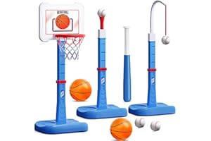 ShyLizard 3 in 1 Kids Basketball Hoop and T Ball Set, Adjustable Height Toddler Basketball Hoop, Hanging Tee Baseball, Indoor Outdoor Sports Toys Gifts for Toddlers Boys Girls Ages 3 4 5 Year（Blue