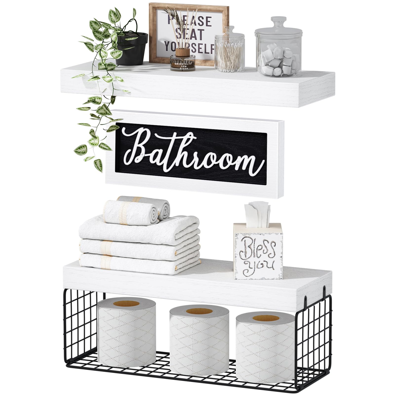 Photo 1 of QEEIG ?Bathroom Shelves Over Toilet - Paper Storage Wall Mounted Farmhouse Decor Decorations Aesthetic Décor Sign Small Floating Shelf 2+1 Set 16 inch, White and Black (020WB)