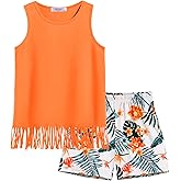 Arshiner Girls Summer Outfits Sleeveless Fringe Tank Top and Elastic Waist Pocketed Shorts Set Girl Clothes 6-14 Years