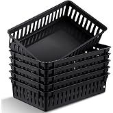 Wenqik 6 Pack Small Plastic Baskets for Organizing, Black | Rectangle Mesh Storage Bins, 10 x 6.5 x 2.4 In, Flat Drawer Organizer Trays for Classroom, Desk, Office, Medication &amp; Shelves