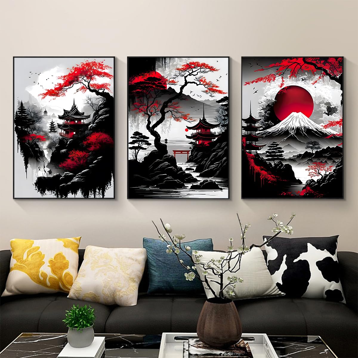 IUNTWEIE Japanese Landscape Poster, Japanese Temple in Autumn Black/White Wall Picture Art Print Wall Decor Wall Living Room Wall Decoration, without Frame (A, 30x40cm*3)