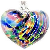 Decorvo Multicolored Blown Glass Heart Ornament - Small 3 inch Handmade Hanging Friendship Heart Home Décor