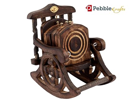 PEBBLE CRAFTS Wooden Antique Beautiful Design Tea Coffee Coaster Set with Decorative Holder for Tea Coffee Cups Mugs Beer Cans Bar Glass Indian Handicrafts (Antique Black)