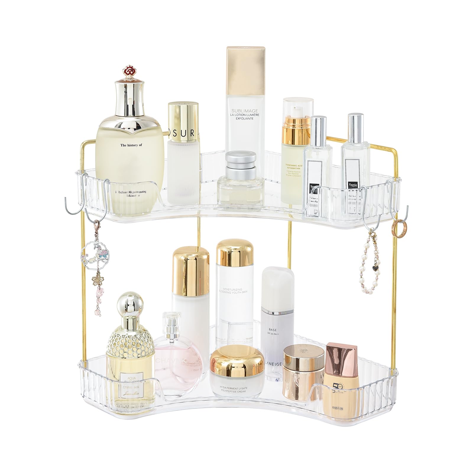 Photo 1 of Trdongxu 2-Tier Plastic Bathroom Counter Corner Organizer with Hooks, Bathroom Sink Organizer and Storage Countertop Vanity Tray, Perfume Organizer (Gold Clear)