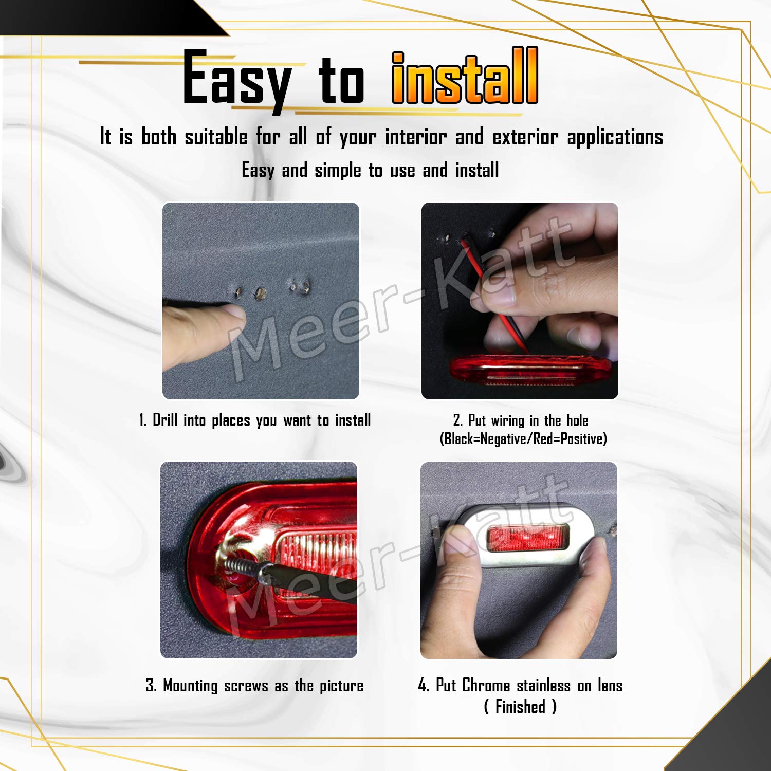 Meerkatt (Pack of 10) 3 Inch Oblong Amber LED Marine Courtesy Light Sealed Flush Mount Clearance Lamp for Yacht Stair Deck Garden Boat RV Cabin Truck Waterproof 12V DC with Chrome Stainless Bezel UV12