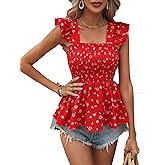Verdusa Women's Floral Print Tie Back Ruffle Trim Sleeveless Peplum Blouse Shirred Top