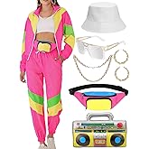 VillbeCoser Women's 80s 90s Outfits Tracksuit Costume Accessories Set, Color Block Windbreaker Jacket Neon Fanny Pack