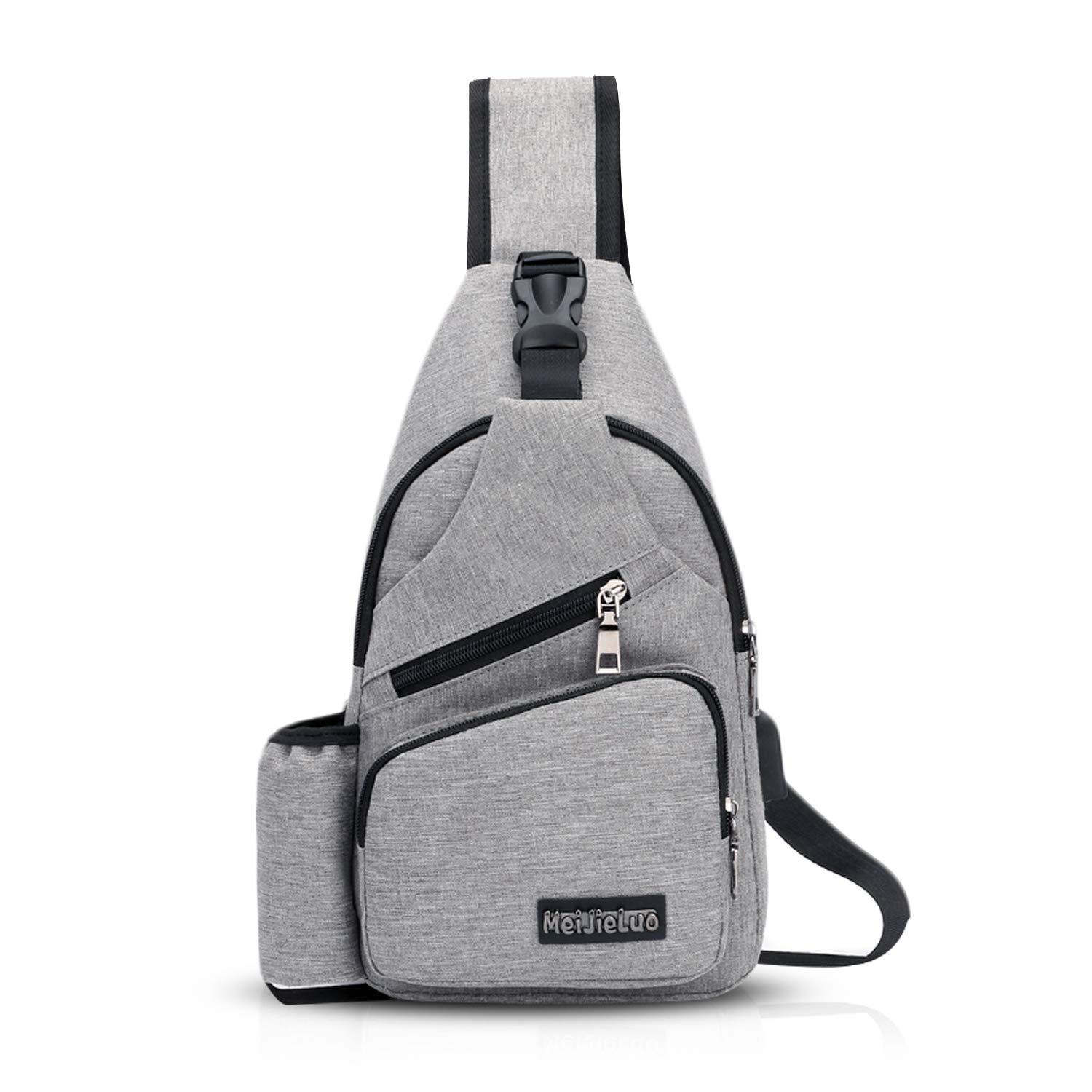 FANDARE Men Sling Bag Chest Pack Women Crossbody Bag with USB 7.9 inch Tablet Shoulder Bag for Travel Cycling Camping Hiking Waterproof Polyester Light Gray