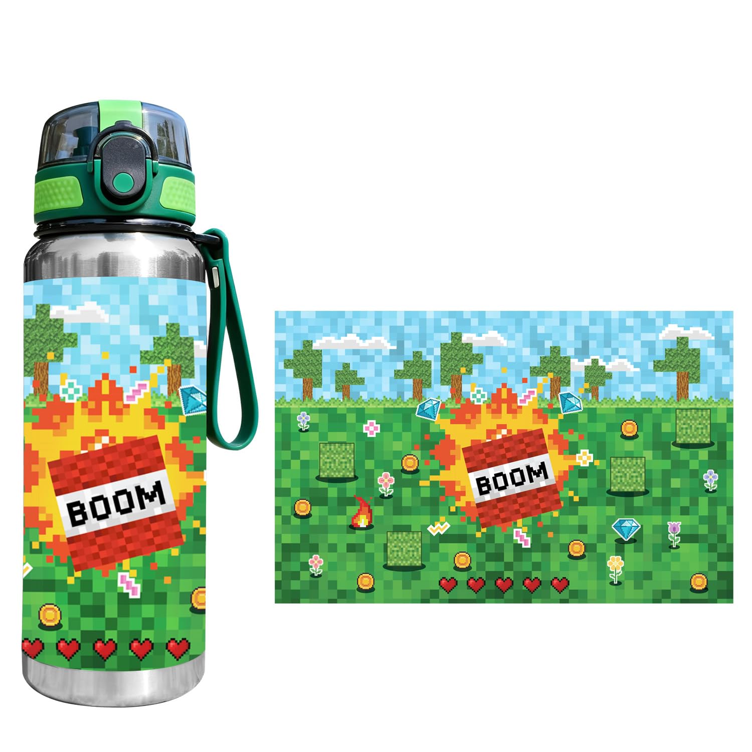 20pcs Pixel Water Bottle Stickers, 23.5x15cm/9.25x5.9in Video Game Bottle Stickers Versatile Party Supplies for Most Water Bottles & Thermos