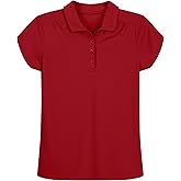 Nautica Girls School Uniform Short Sleeve Polo Shirt, Button Closure, Moisture Wicking Performance Material, Shirring Detail