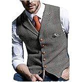 Aesido Casual Men's Vest for Wedding Plaid Soft Wool Tweed Waistcoat for Groosmen Best Man