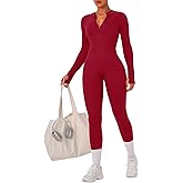 OLCHEE Womens Long Sleeve Workout Jumpsuit Seamless Ribbed Tummy Control Yoga Bodycon Zip Up One Piece Unitard Sculpt Rompers