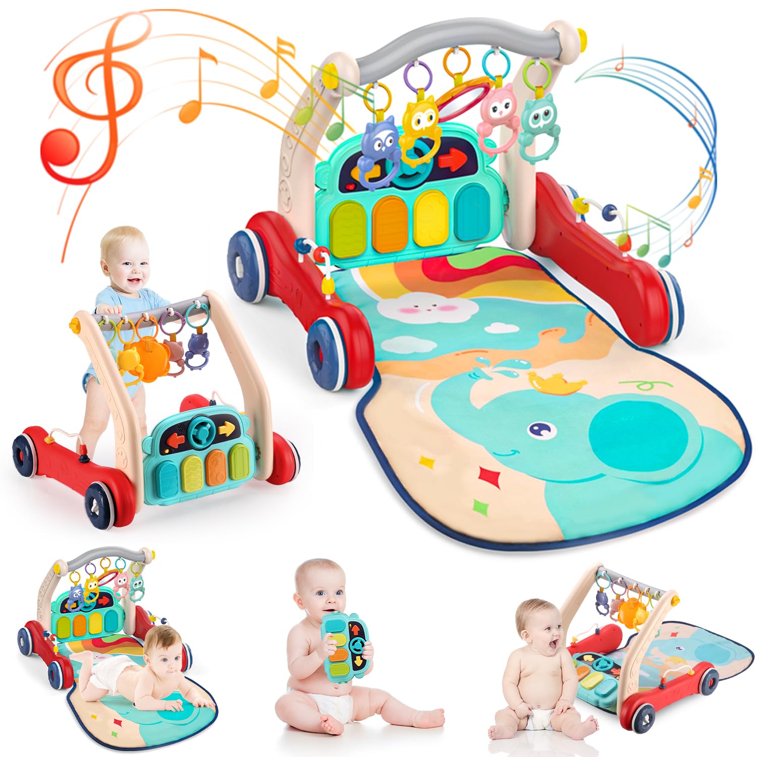 Photo 1 of **FOR PARTS/ 1 OF THE RED SUPPORT LEGS HAS DAMAGE CANNOT CONNECT TIRE** Pakoo Baby Play Mat Gym, 2 in 1 Baby Walker Tummy Time Activity Mat with 5 Infant Sensory Toys, Music and Lights Floor Play Mat as Birthday Gift for 0-12 Months Boys Girls
