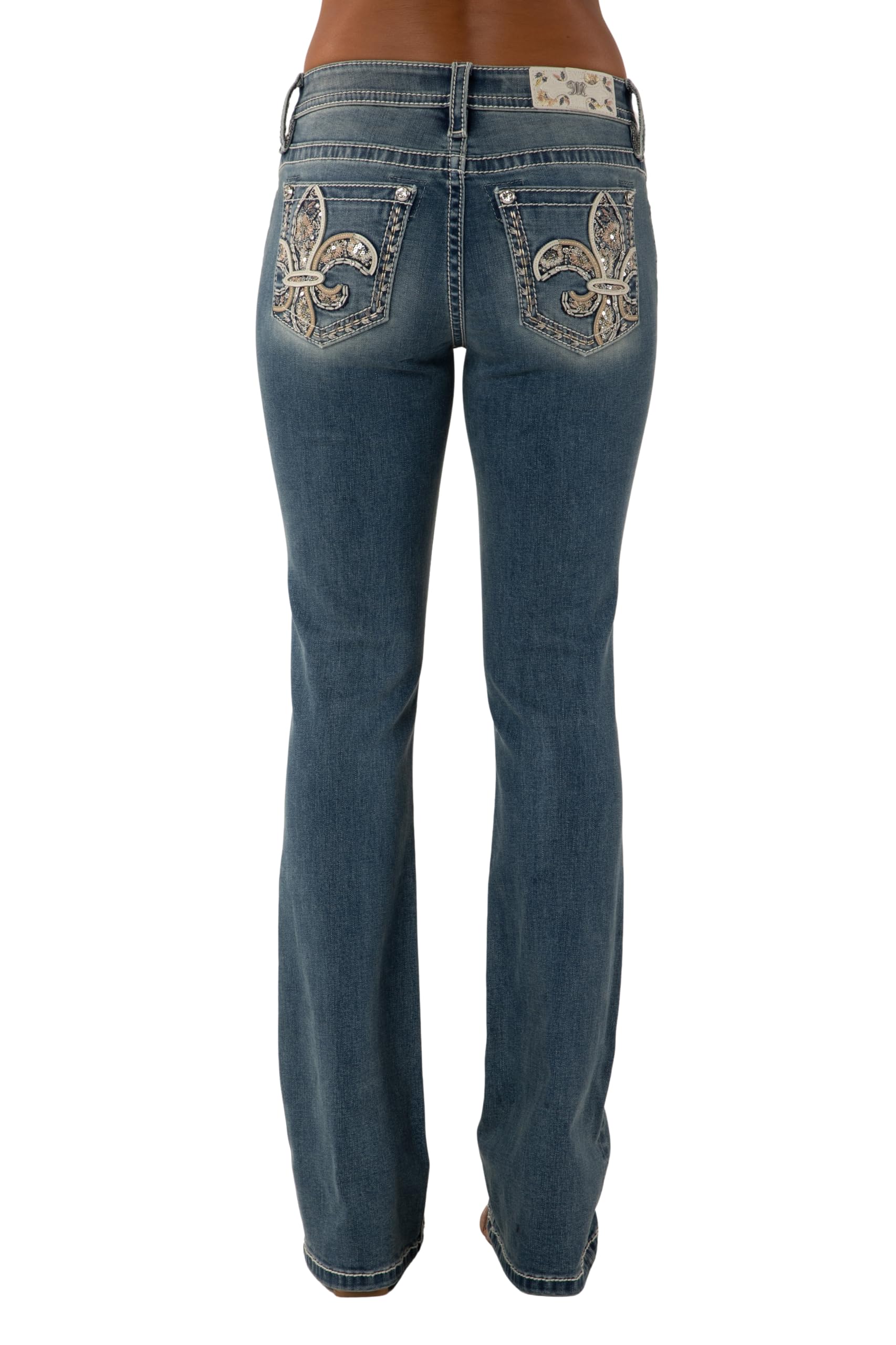 Photo 1 of Miss Me Women's Fleur-De-Lis Embroidered Mid-Rise Bootcut Jeans (Medium Blue, 27W x 34L)