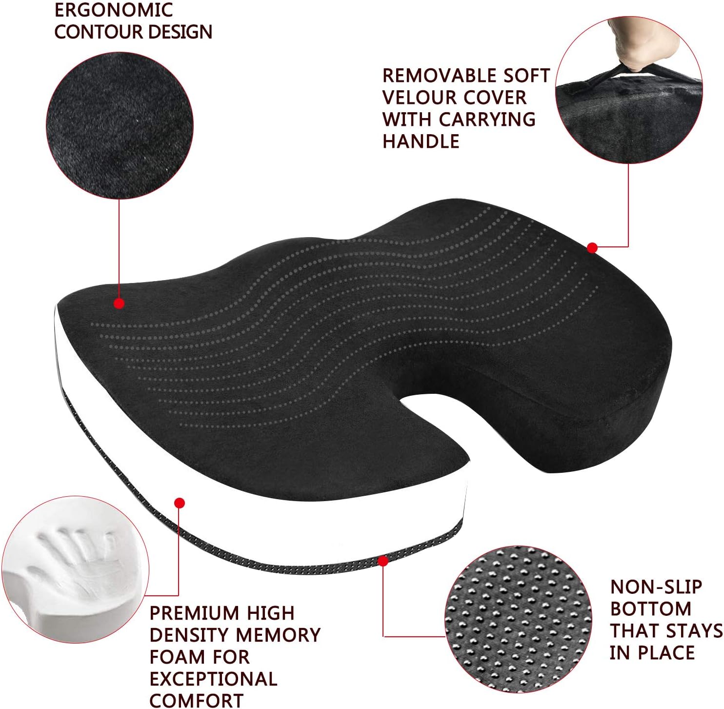 MOEBULB Memory Foam Seat Cushion Medical Seat Pillow Pad Non-Slip Orthopedic for Driver Car Truck seat/Office Chair/Plane/Wheelchair/Kitchen to Relieves Back Pain, Sciatica,Tailbone, Hemorrhoid: Home & Kitchen