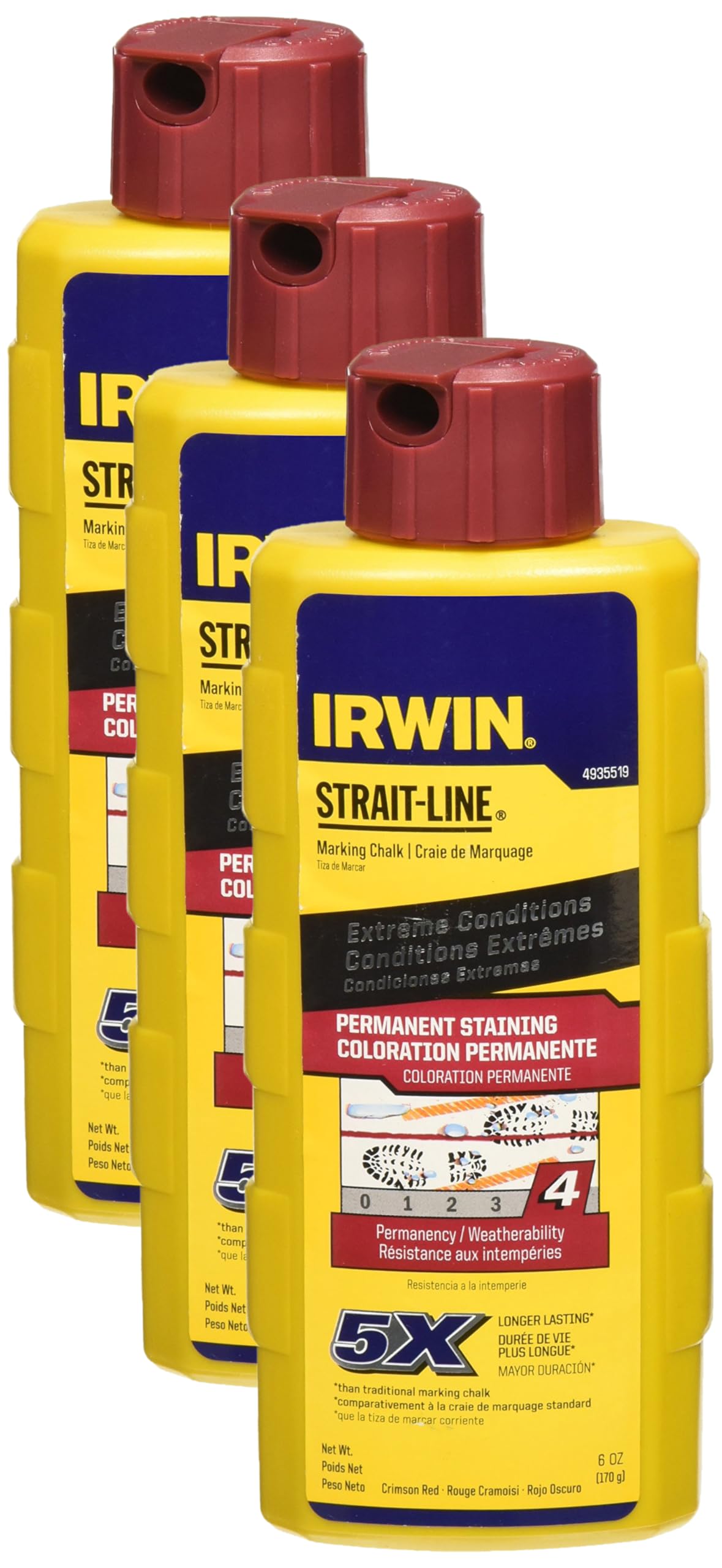 IRWIN Tools STRAIT-LINE Permanent Staining Marking Chalk, Crimson Red, 6ounce (4935519) (Pack of 3)