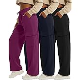 Velvelhall 3 Pack Women's Cargo Sweatpants Wide Leg Baggy Elastic Drawstring Pants Casual Athletic Joggers with 4 Pockets