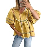 Cicy Bell Womens Summer Babydoll Tops V Neck Short Lantern Sleeve Shirts Cute Loose Fit Peplum Flowy Blouses