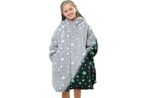 Topblan Blanket Hoodie for Kids Girls Boys Teens, Oversized Flannel & Sherpa Blanket with Hood Pocket and Sleeves, Cozy Warm Hoodie, Glow in the Dark