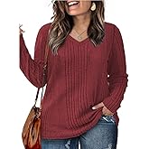ROSRISS Plus-Size-Long-Sleeve-Tops for women Dressy V Neck Shirts Casual Ribbed Knit Tees Lightweight Tunic Sweaters