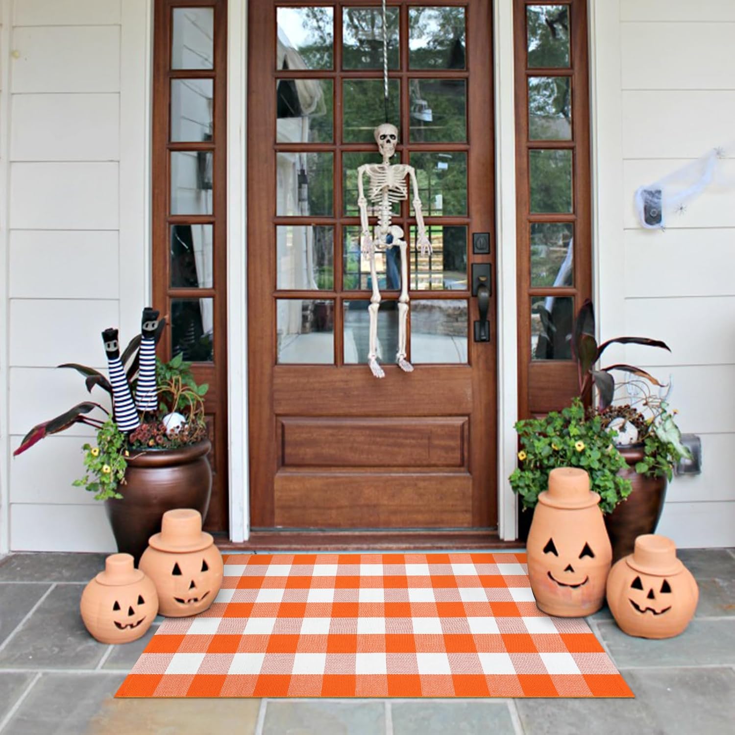 Rugs, Pads & Protectors - LEEVAN Buffalo Plaid Outdoor Rug 3'x 5', Halloween Orange and White Fall Door Mat, Washable Cotton Woven Checkered Porch Rug, Farmhouse Thanksgiving Reversible Layered Rug for Entryway/Patio