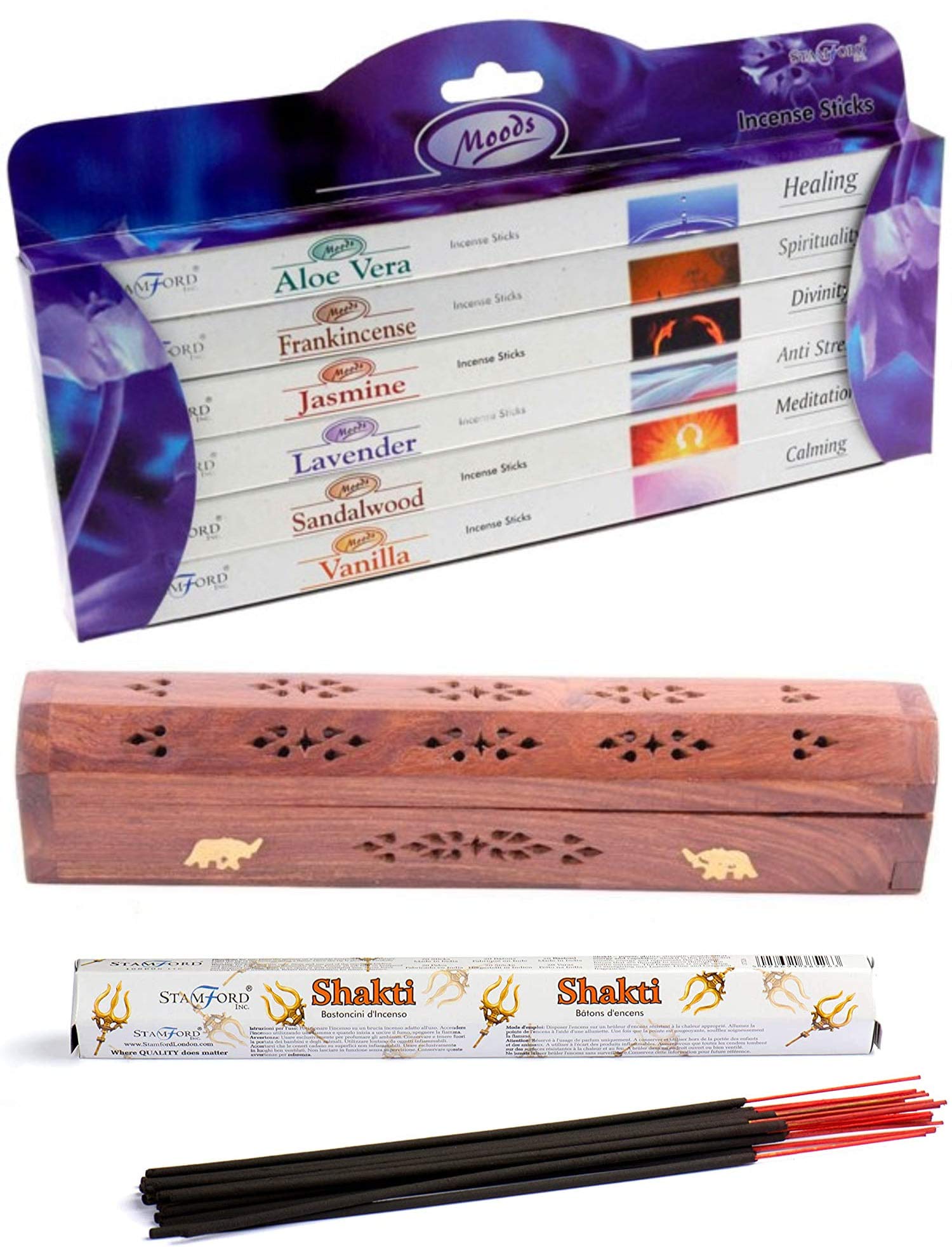 Giftbrit Stamford Moods Incense Gift Set And Sheesham Wood Incense Box & Free Stamford Shakti Incense Sticks| Best for Purification, Relaxation, Positivity, Yoga, Meditation |