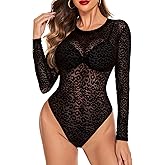 Avidlove Womens Mesh Long Sleeve Bodysuit Round Neck Sheer Leotards Geo Print Bodysuit Top with Snap Crotch