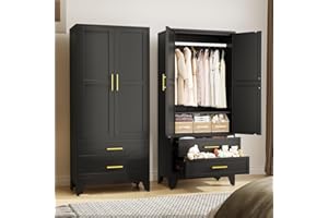 erosoei Metal Armoire Wardrobe Closet, 71 "Metal Clothing Storage Cabinet with Adjustable Shelves and Hanging Rod, Household Steel Wardrobe Storage Cabinet with Drawers (Armoire-Black)