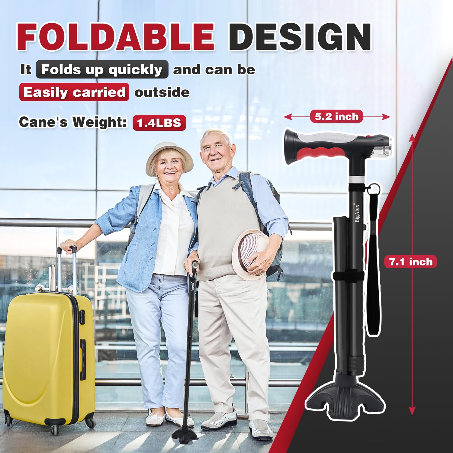 BigAlex Folding Walking Cane with Two Led Lights for Elderly Solid Base Adjustable Walking Stick with Carrying Bag for Men Women