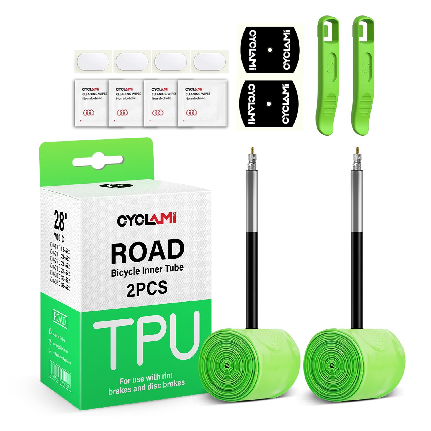 CYCLAMI 30g Ultralight 700C Bike Inner Tube TPU Road Bicycle Tire 28'' Compatible with 700x18/23/25/28/30/32C Presta Valve 45/65/85mm(Include Bike Inner Tire Patch Repair Kit)