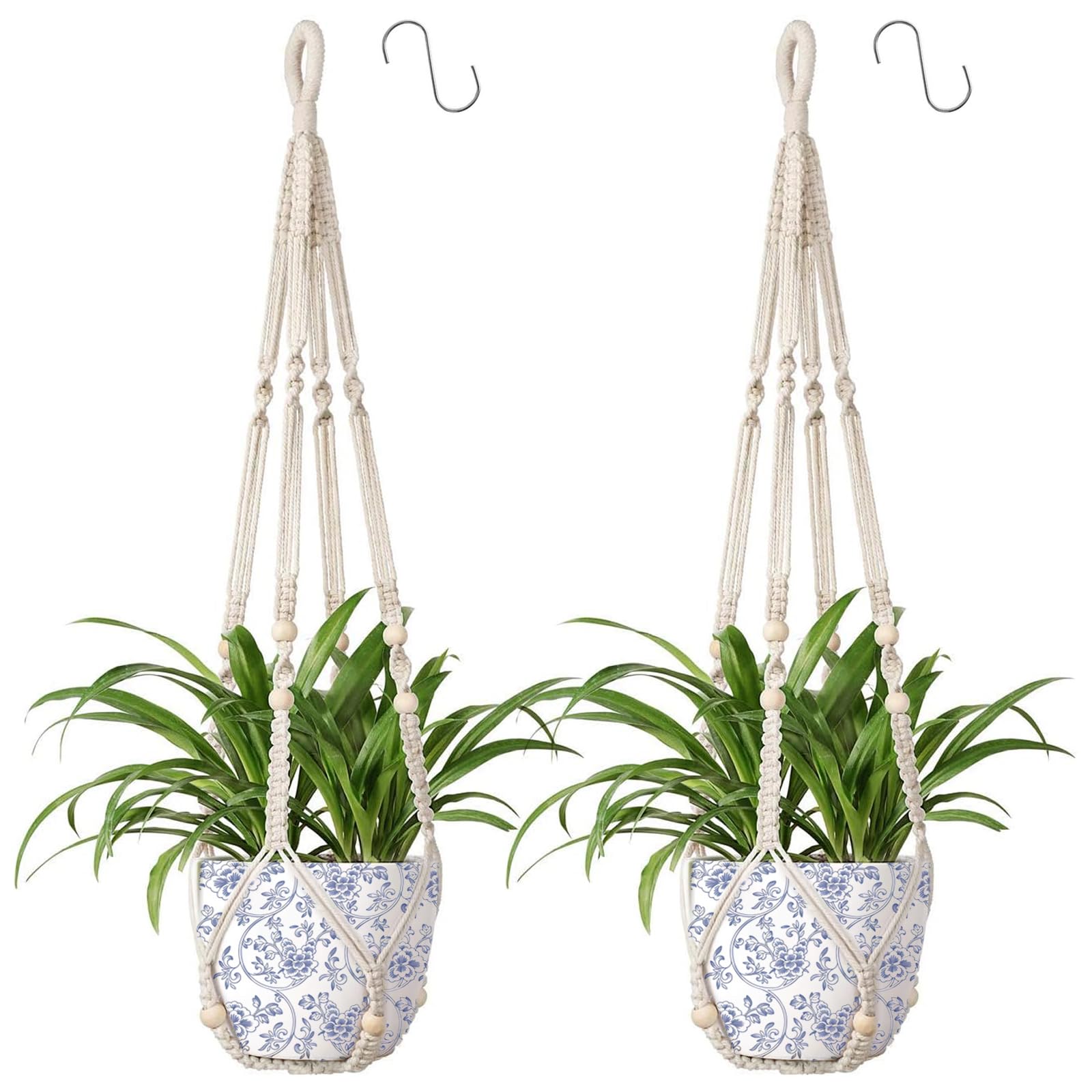 Apstaqeoo Macrame Plant Hanger Indoor Cotton Rope Hanging Planter Basket with Wood Beads Decorative Flower Pot Wall Plant Holder with 2 Hooks for Outdoor Garden Boho Home Decor No Tassels 90CM(2PCS)