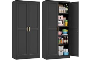 Kubohogar 71" Tall Metal Pantry Cabinet, Black Kitchen Pantry Storage Cabinet with 4 Adjustable Shelves and Gold Handles, Cupboard for Kitchen, Dining Room, Living Room, Bathroom
